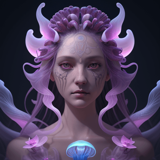 AI generated: Goddess close-up portrait ribcagel. jellyfish phoenix head, nautilus, orchid, skull, betta fish, bio...