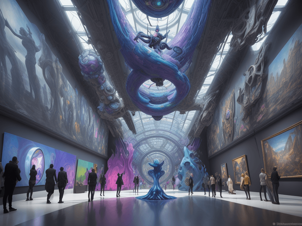 AI generated: Envision a randomized perspective within a vibrant, futuristic museum displaying an array of odd, pe...