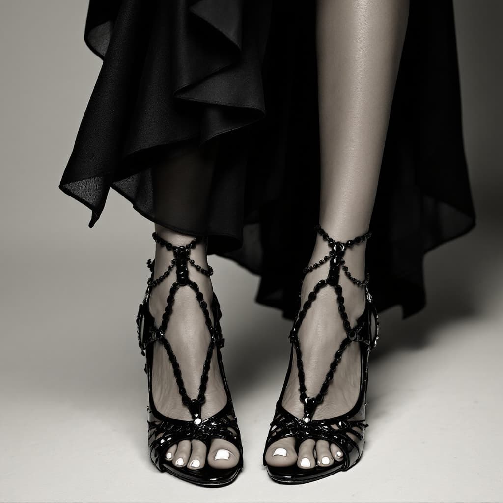 AI generated: Sexy, dominant queen, stern look. Wearing open-toe high heels. 