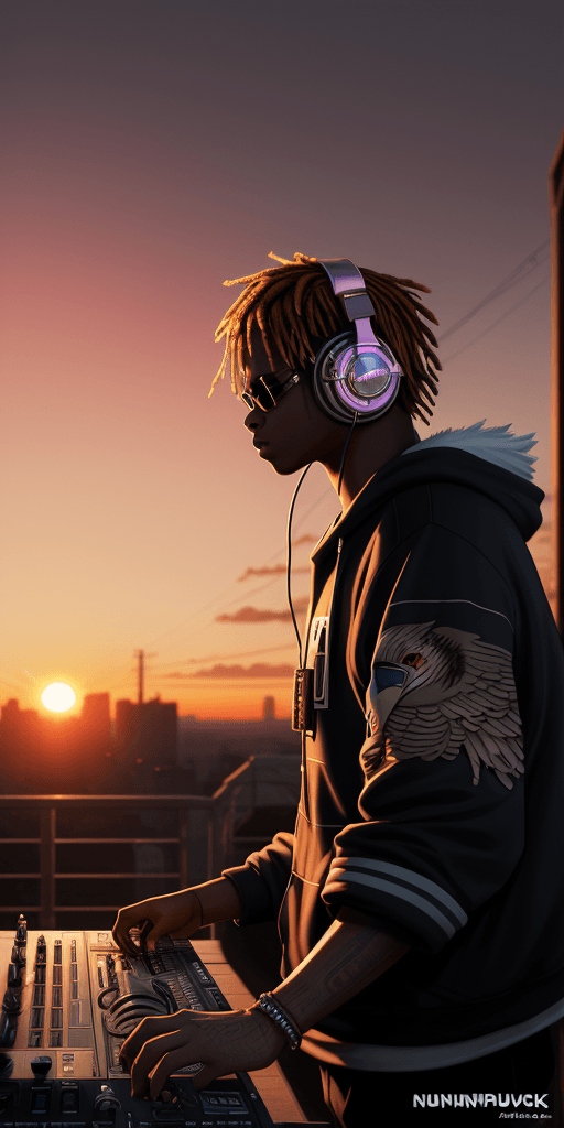 AI generated: (nvinkpunk:1.2) (snthwve style:0.8) DJ eagle, headphone, anthro, lightwave, sunset, intricate, highl...