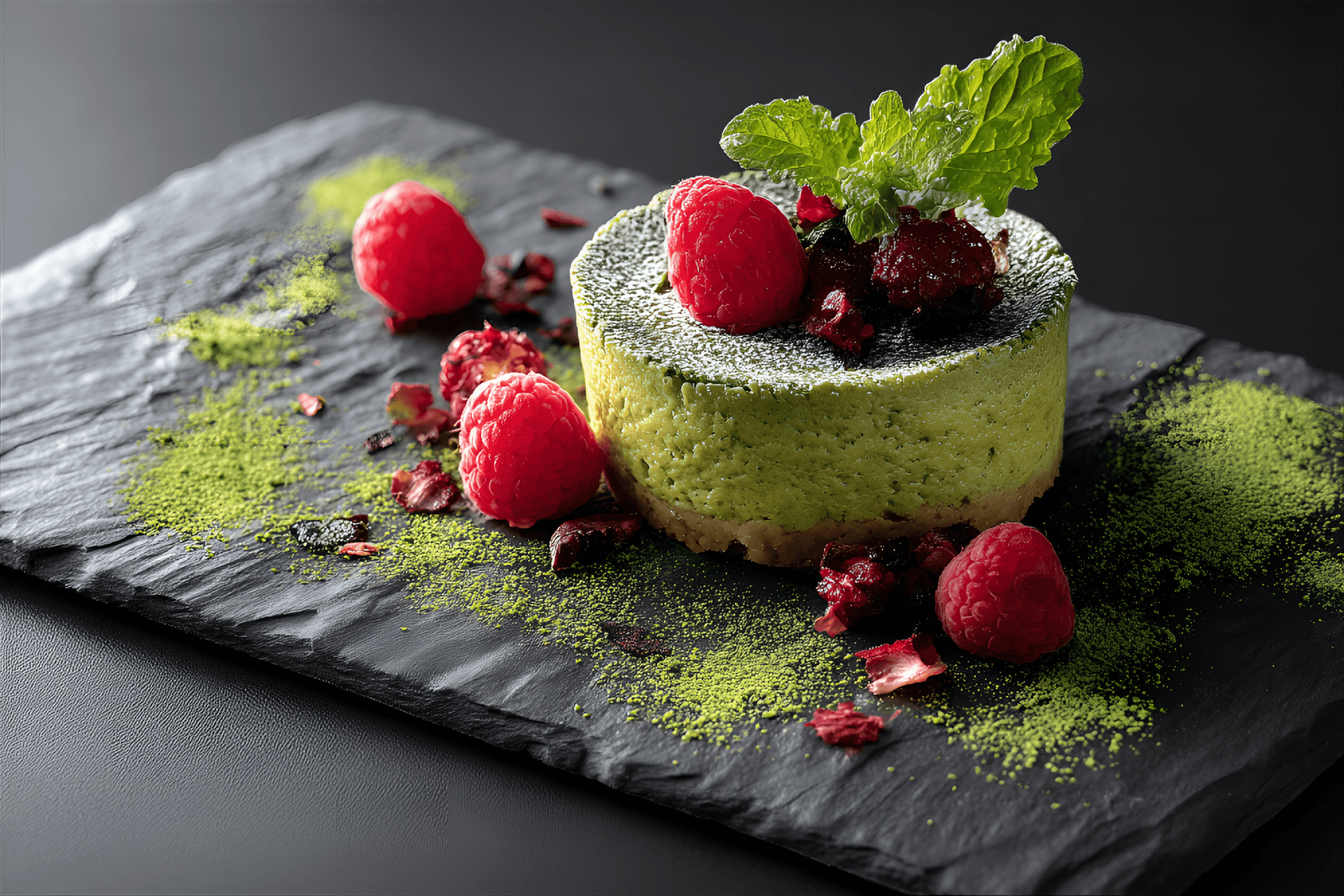 AI generated: high-resolution top-down capture of a luxurious matcha-infused cheesecake on a minimalist slate plat...