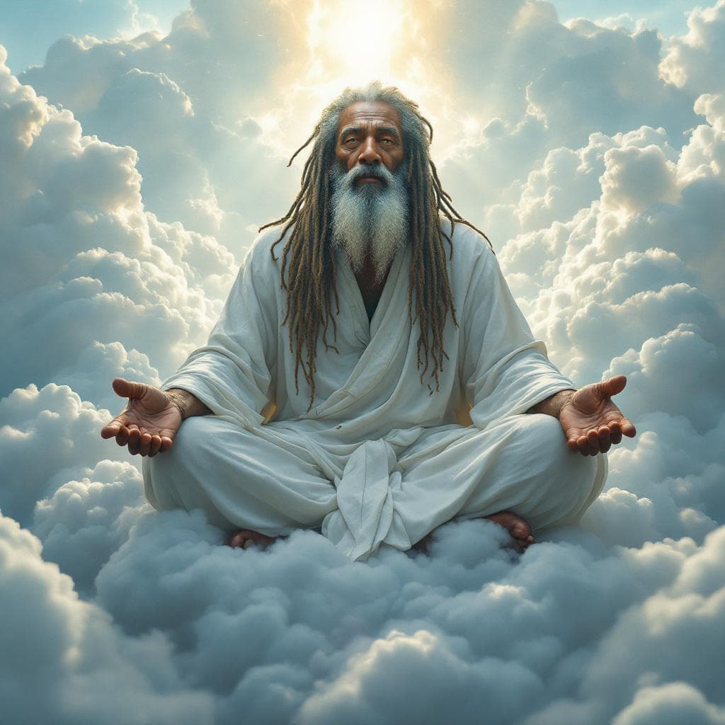 AI generated: A stunning, ultra-realistic cinematic image of a colossal 100-foot-tall Rastafarian elder seated in ...