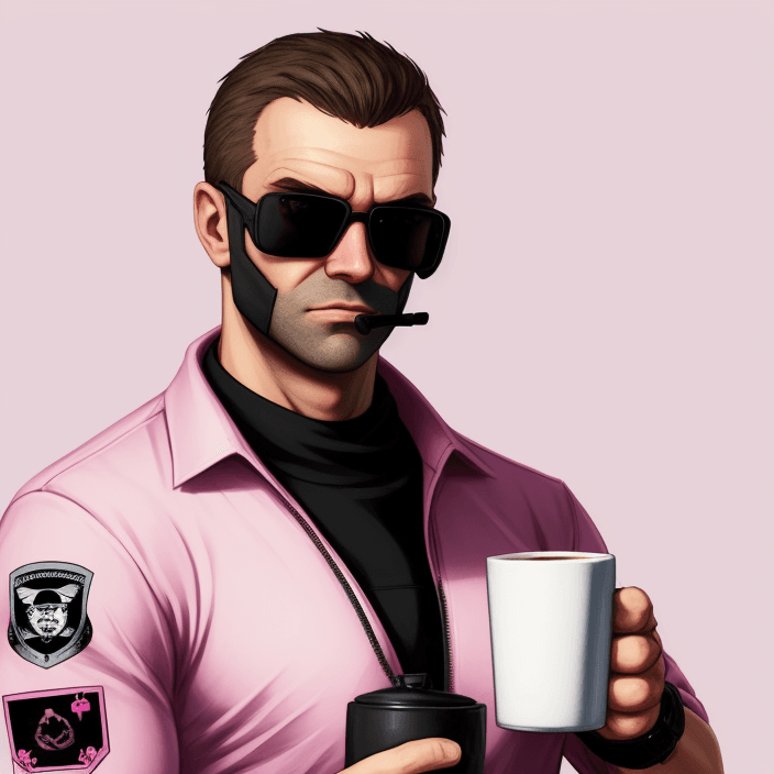 AI generated: FSB man operator  from gta holding coffee with pink background
