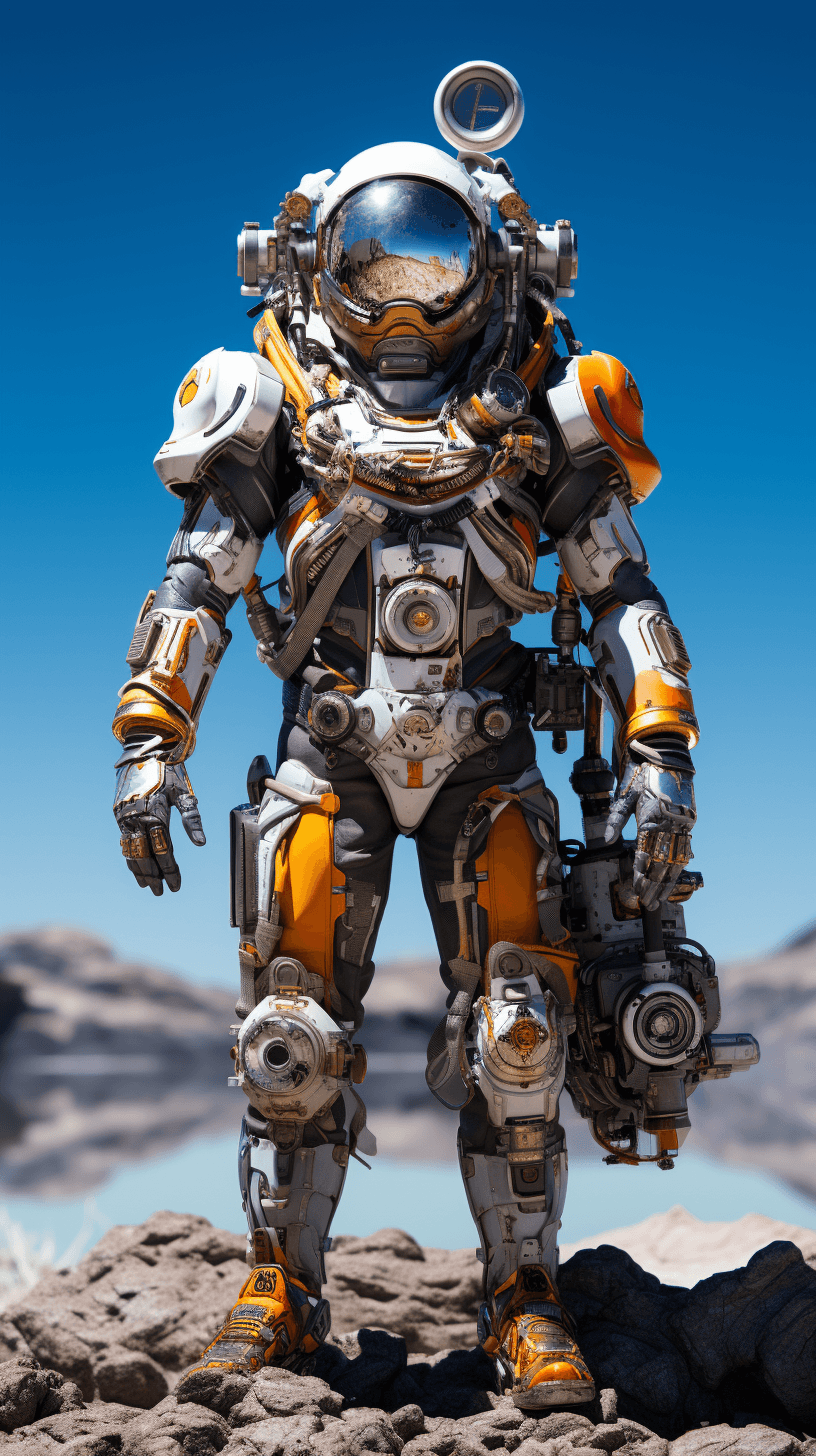 AI generated: **Amidst the untamed landscapes of an alien world, an intrepid human character dons an advanced spac...