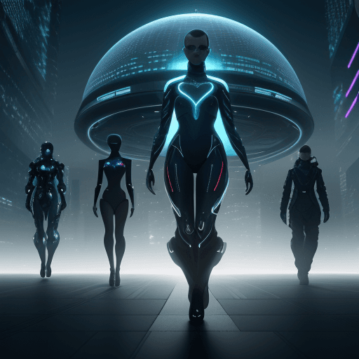 AI generated: < Silhouette of a diverse group of technology leaders standing in front of a futuristic city, hologr...