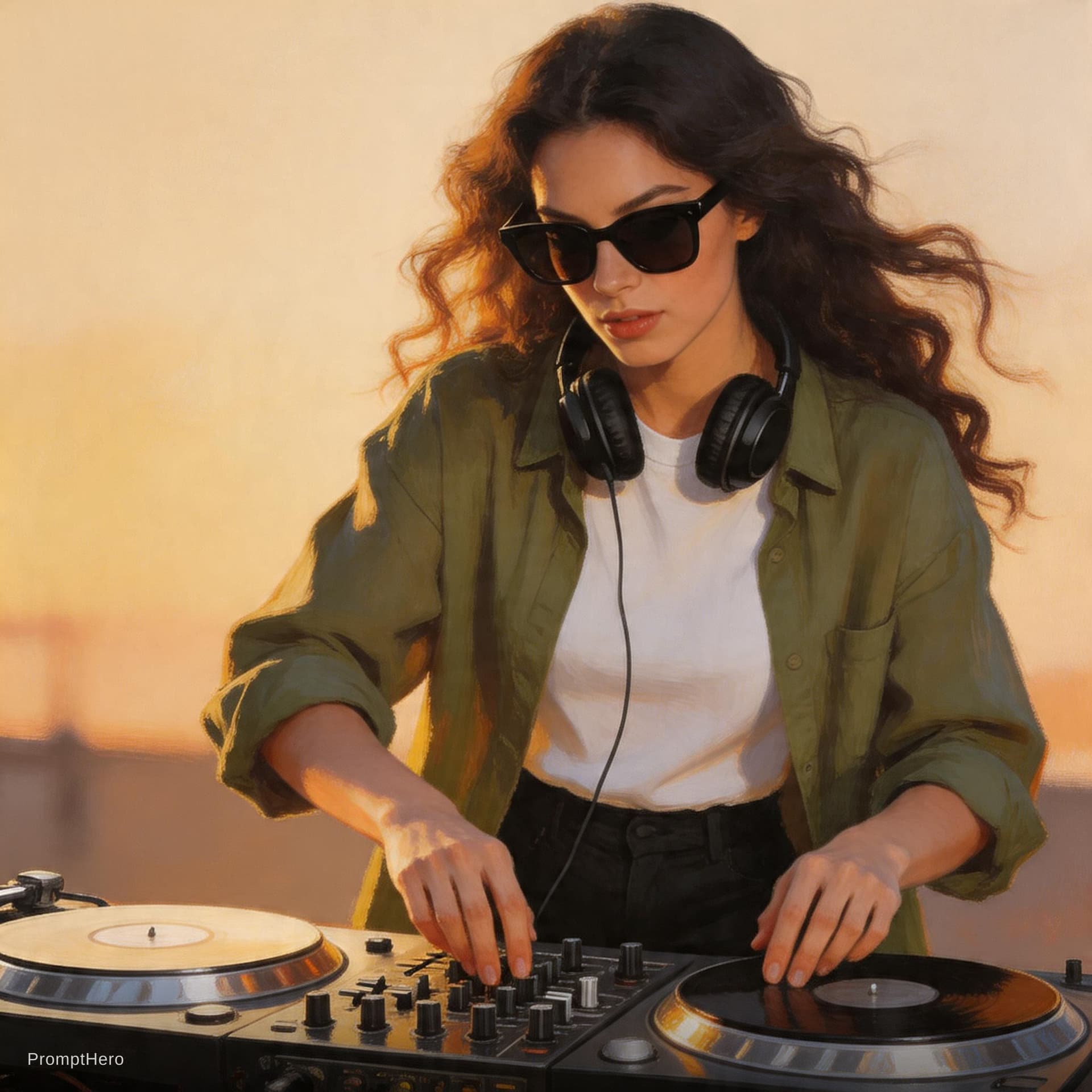 AI generated: In this cinematic still, a DJ commands attention with an aura of effortless coolnessâher long, win...