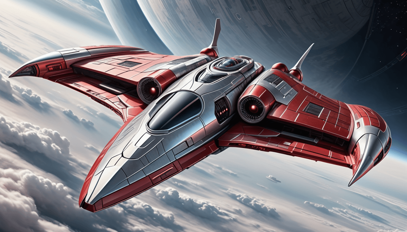 AI generated: a futuristic spacecraft flying through the sky, red and silver color, in the style of star wars, sle...