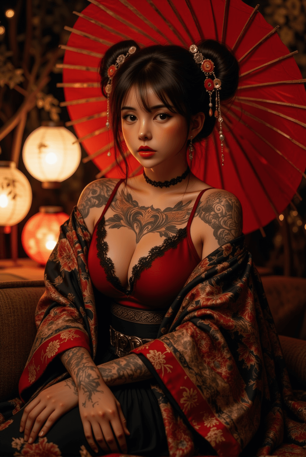 AI generated: This captivating image portrays a young East Asian woman seated amidst a richly atmospheric, traditi...