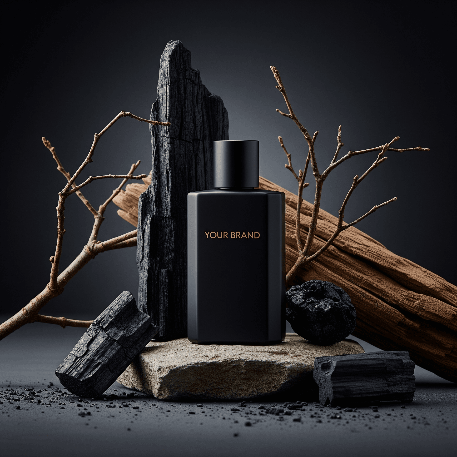 AI generated: A captivating still life photograph featuring a mysterious "YOUR BRAND" perfume bottle. The dark, re...