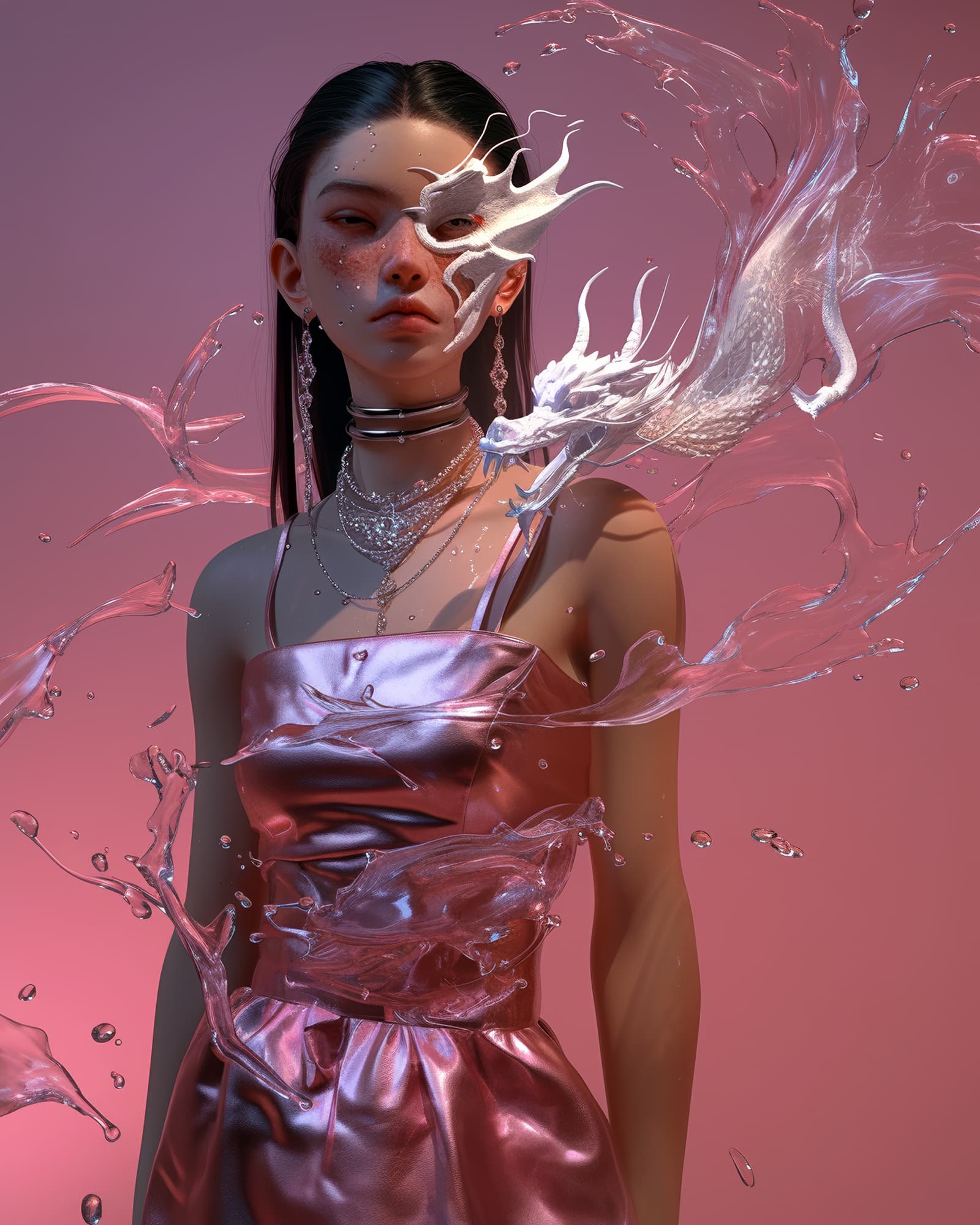 AI generated: A female model with white dragon 3d dragon face paint and silver necklaces in a metallic pink skirt,...