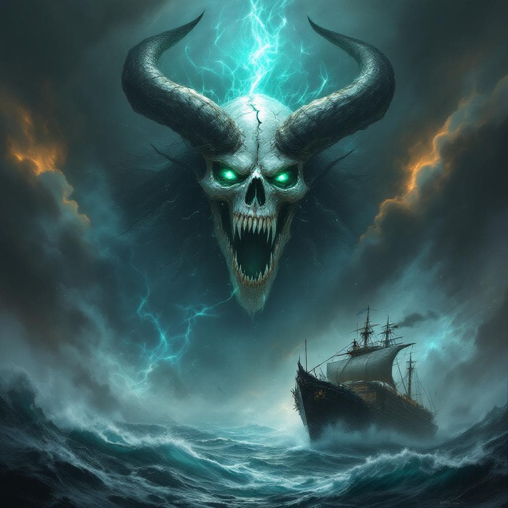 AI generated: A monumental, supernatural demon with an ultra-white skull face, sharp fangs tearing through its lip...