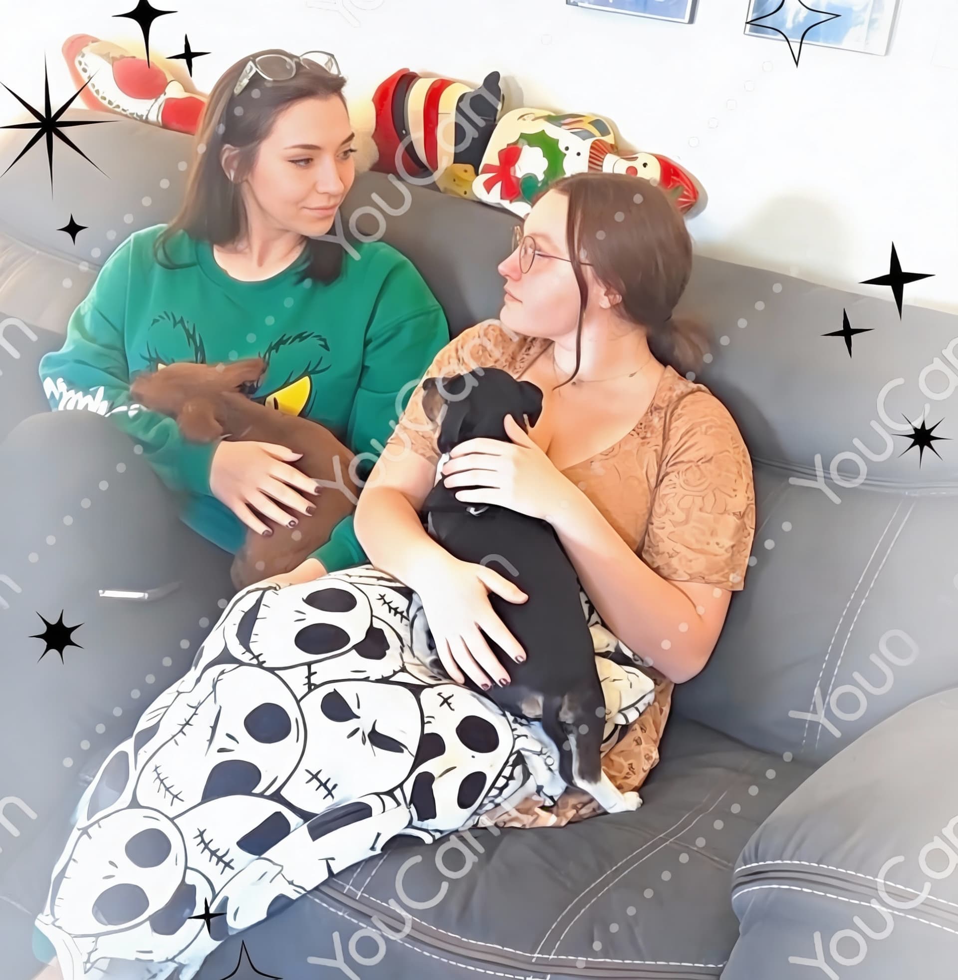 AI generated: the women on the right sitting on the lap facing the women on the left