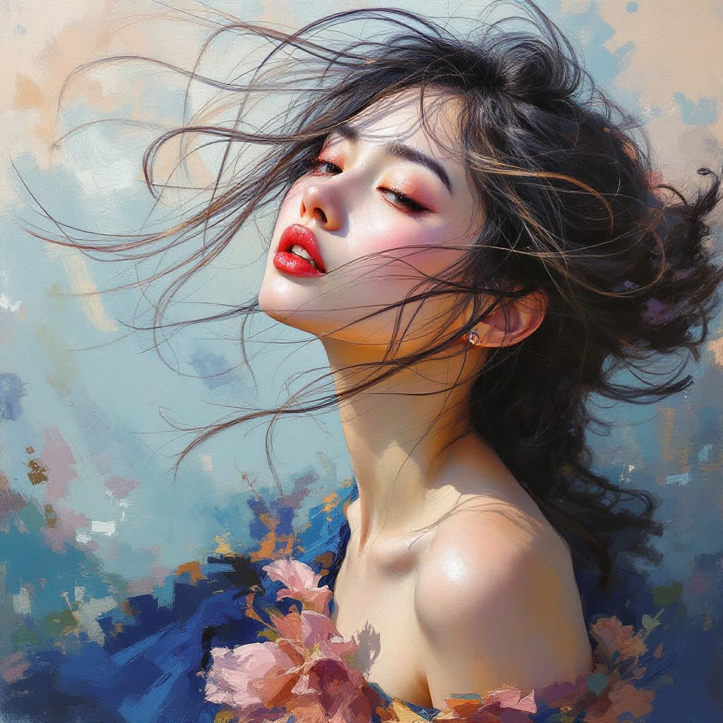 AI generated: a stunning oil painting on canvas of a beautiful Asian woman with her hair blowing in the wind, in t...