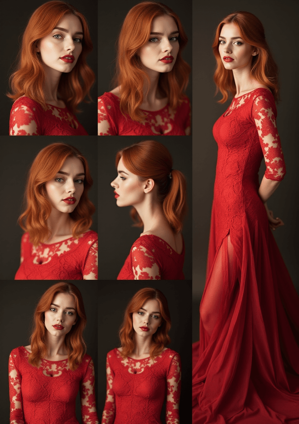 AI generated: ((Collage of photos)) of a woman with reddish blonde hair and red lips wearing a (red lace dress) in...