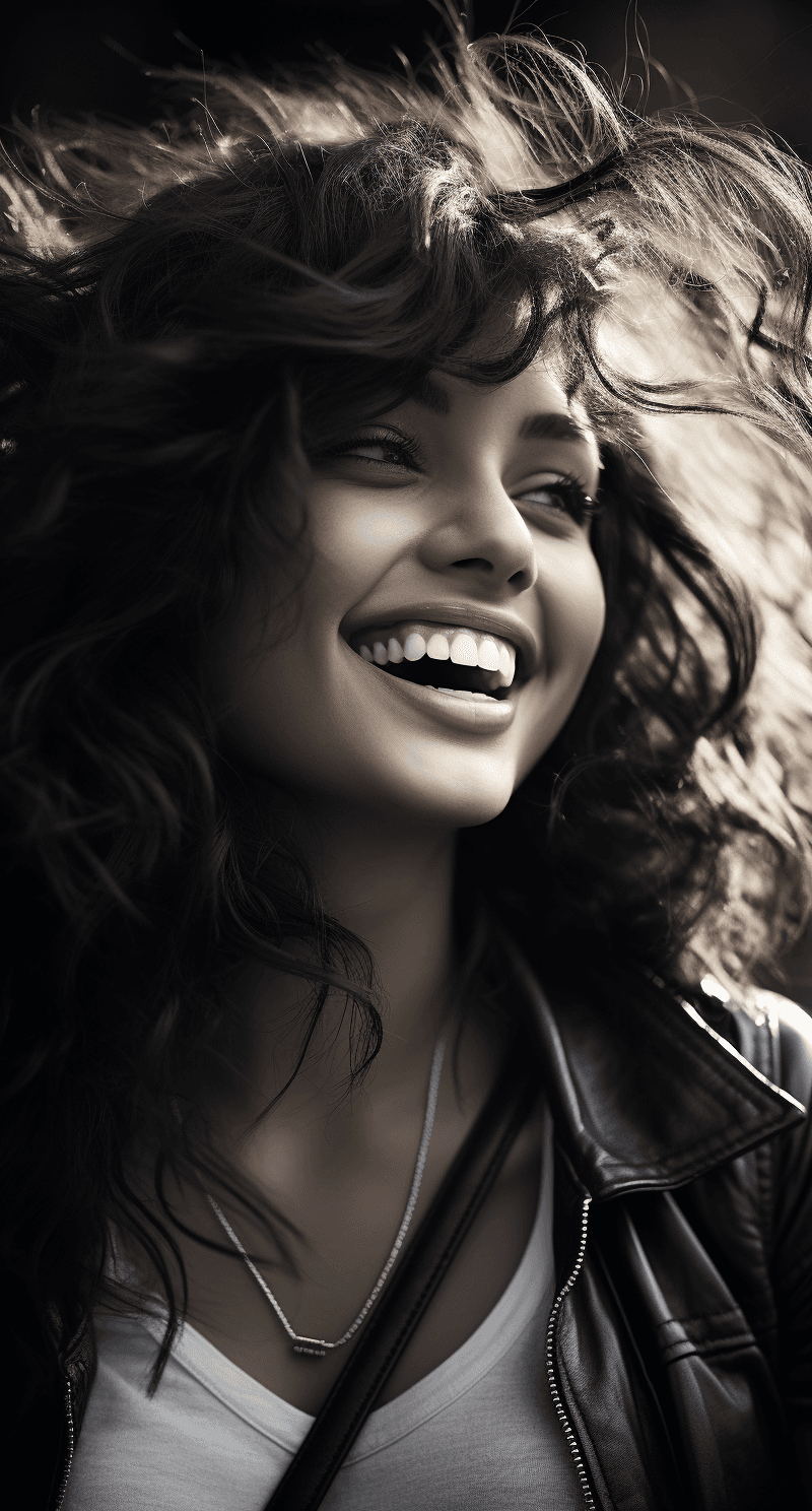 AI generated: beautiful black and white photo of a young curly chick smiling, in the style of y2k aesthetic, india...