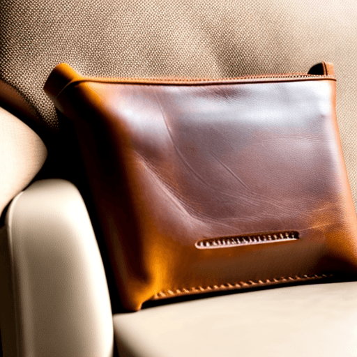 AI generated: An open leather wallet lying empty beside a creme sofa cushion