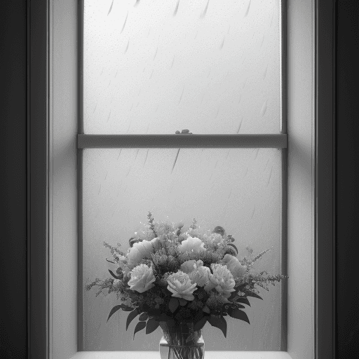 AI generated: monochromatic, rainstorm, hyper-realism, black and white, a feeling of sadness, through a window, wi...