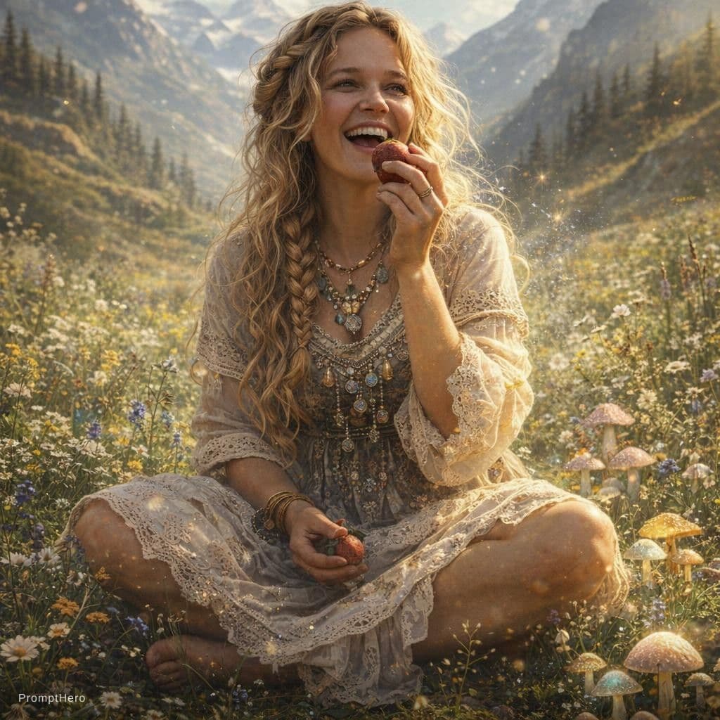 AI generated: A full-figured blonde with untamed, cascading curls and a loose braid framing her face sits cross-le...