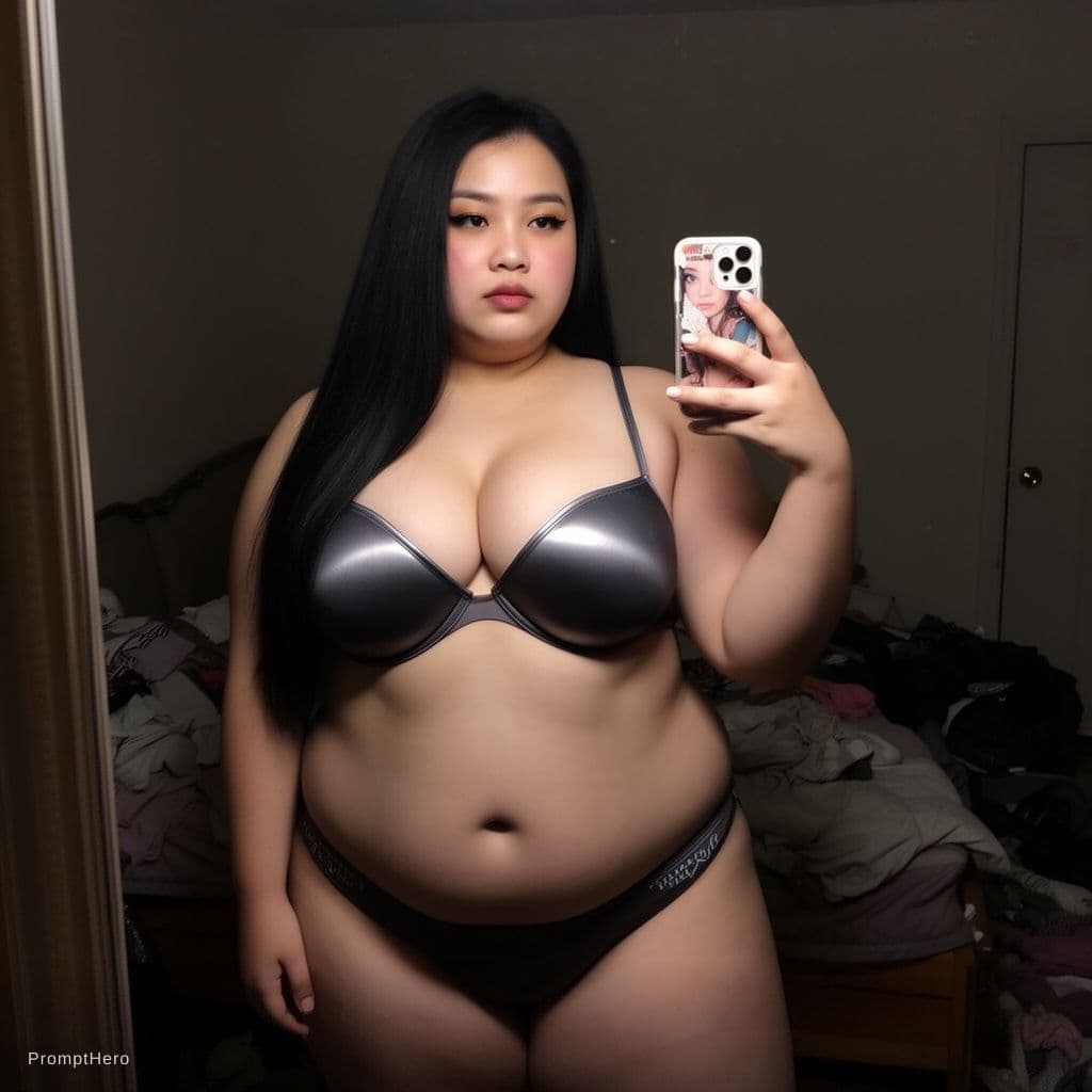 AI generated: A chubby 22 year old malaysian chinese woman with extremely large breasts 34DD takes a mirror selfie...