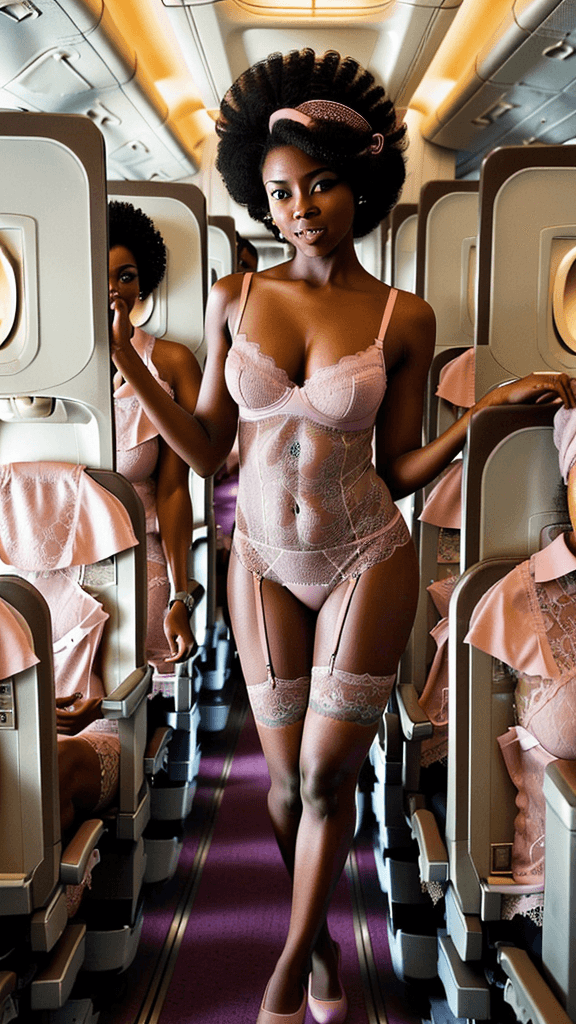 AI generated: A highly attractive afro woman who is a flight attendant is standing on an airplane bathroom. She is...