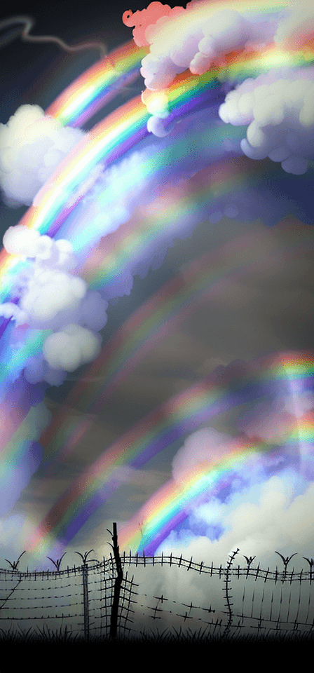 AI generated: Barbed wire border with a rainbow smoke background