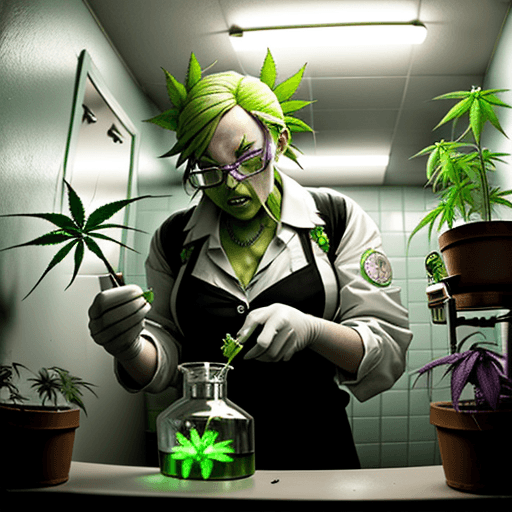 AI generated: a crazy radioactive chemist making marijuana flowers in a small bathroom full of marijuana plants