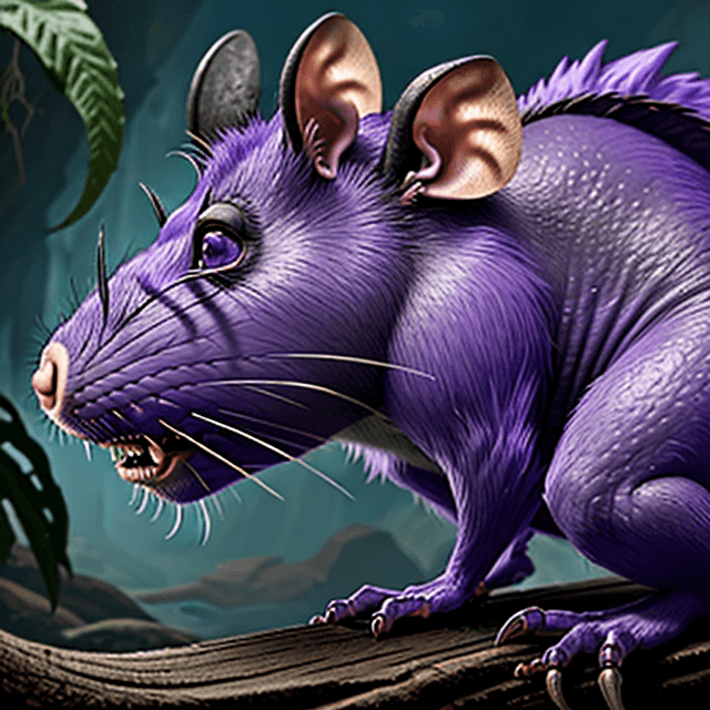 AI generated: side view of a prehistoric, wild, ugly, scary, giant violet rat, 8k
