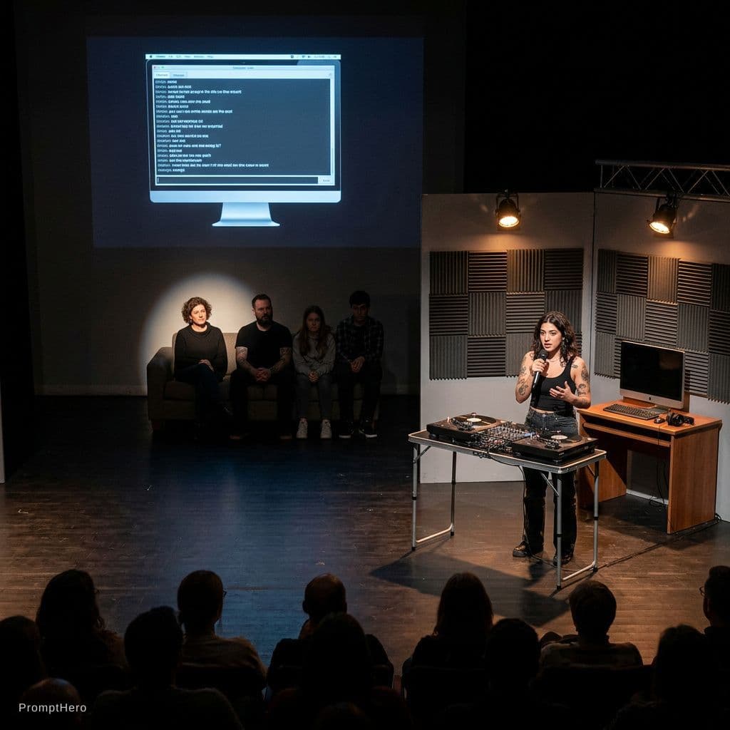 AI generated: theatre stage design concept. Wide and deep stage with room for walking.
two rows of the awdience vi...