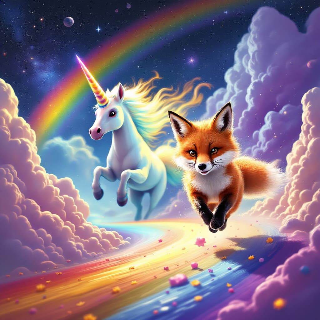 AI generated: A ginger fox is running on a rainbow road in space, while unicorn is chasing her to save her (with a...