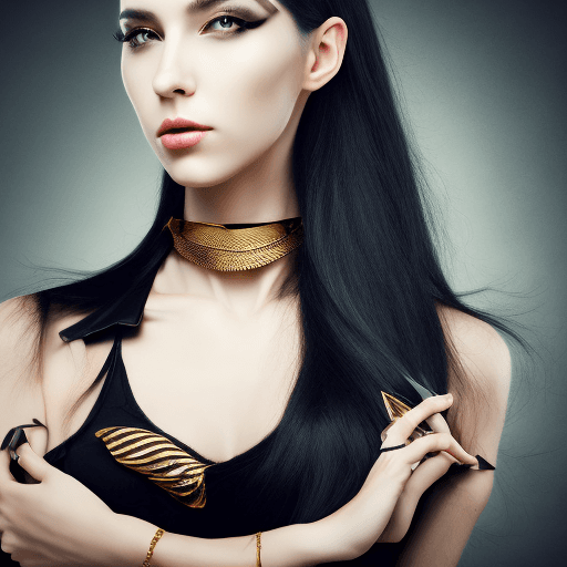AI generated: A woman in a frontal pose with long, voluminous black hair, wearing a torn t-shirt, cat eye makeup, ...
