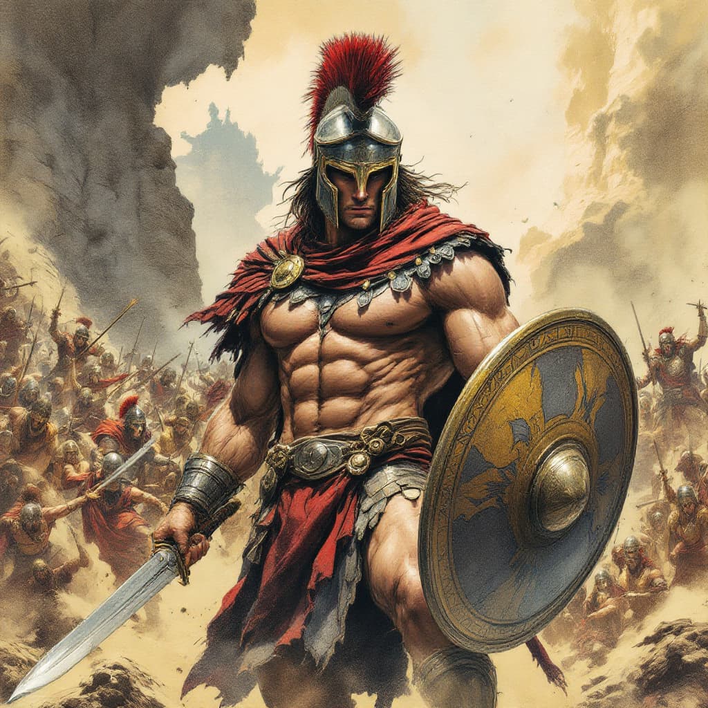AI generated: Comic book realistic illustration, full body shot of a young gorgeous Spartan conan with thick aesth...