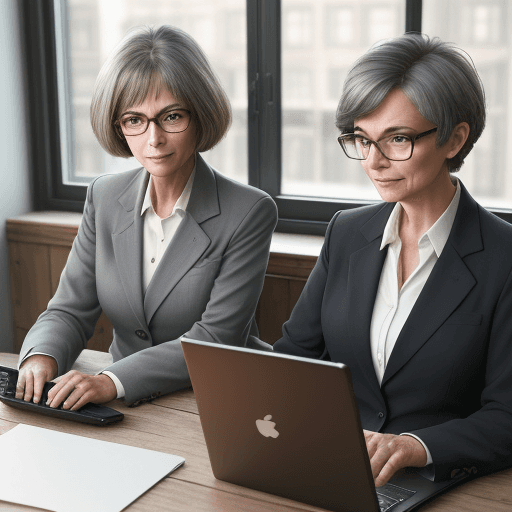 AI generated: two people in business suits: a brunette girl with glasses and a woman 50 years old with gray hair w...