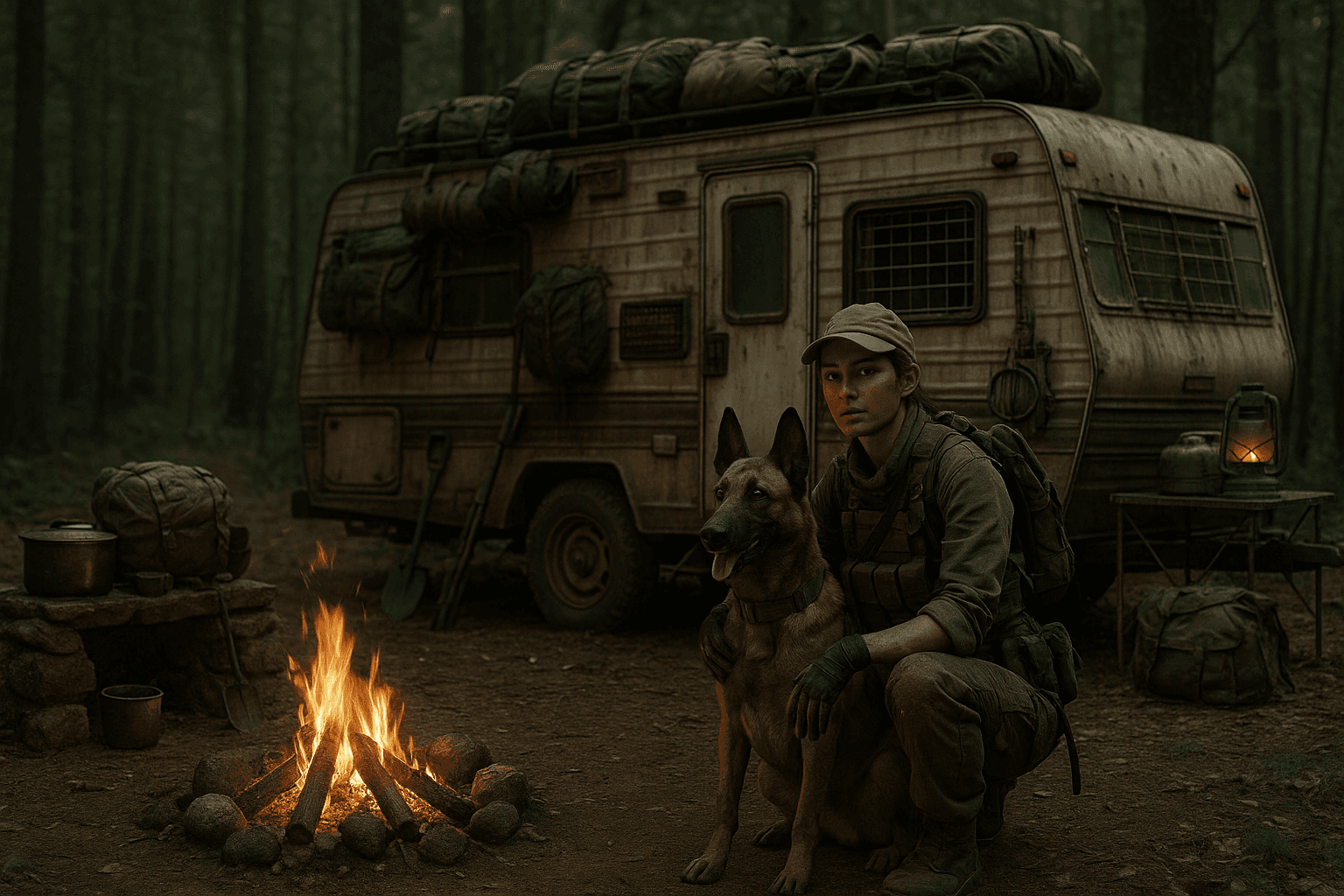 AI generated: professional image, you can see everything in the camp, survival girl, military look, it looks a lit...