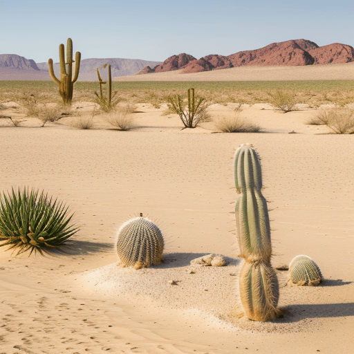 AI generated: “A serene desert landscape with cacti standing on the sand in the foreground, 