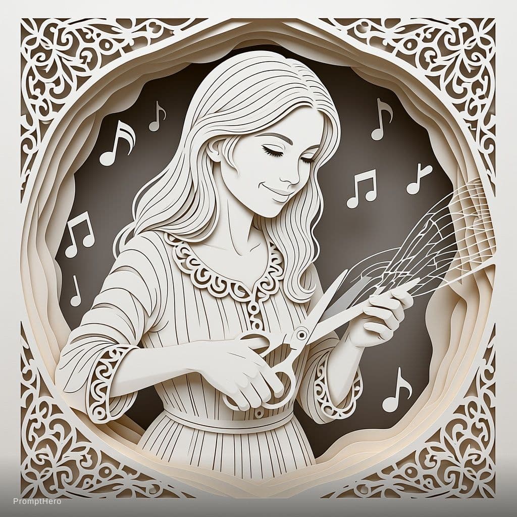 AI generated: Papercutting Art, Delicate Forms, Layered Paper, Intricate, Woman Holding Scissors Cutting, Precise ...