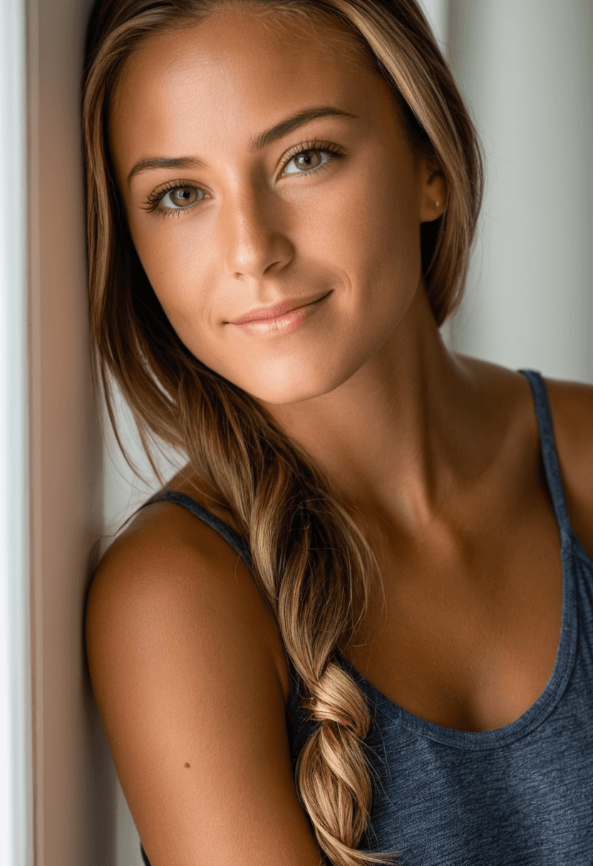 AI generated: breathtaking fit woman, Karina Doherty, big smile, long brunette hair with blonde highlights, hazel ...