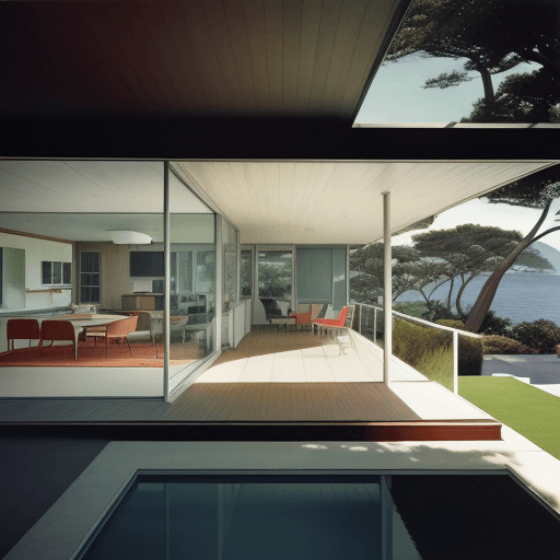 AI generated: Hyper realistic eye level exterior photo of a mid century modern style house overlooking the ocean, ...