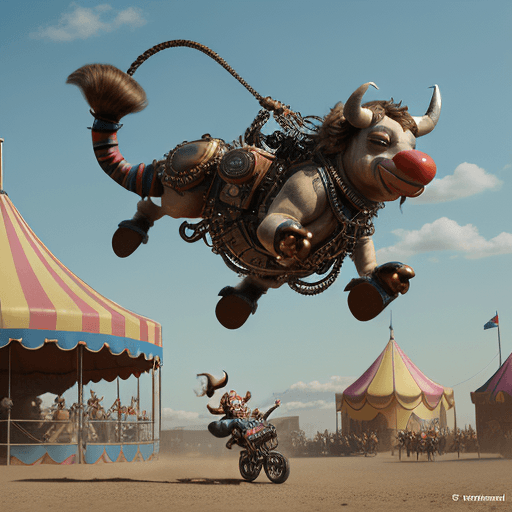 AI generated: A vividly detailed 3D render of a cartoonish plush rodeo clown doll scrambling away from an imposing...