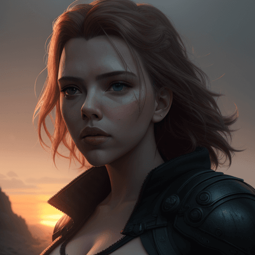 AI generated: Photo of Scarlett Johansen, dramatic light, pale sunrise, cinematic lighting, battered, low angle, t...