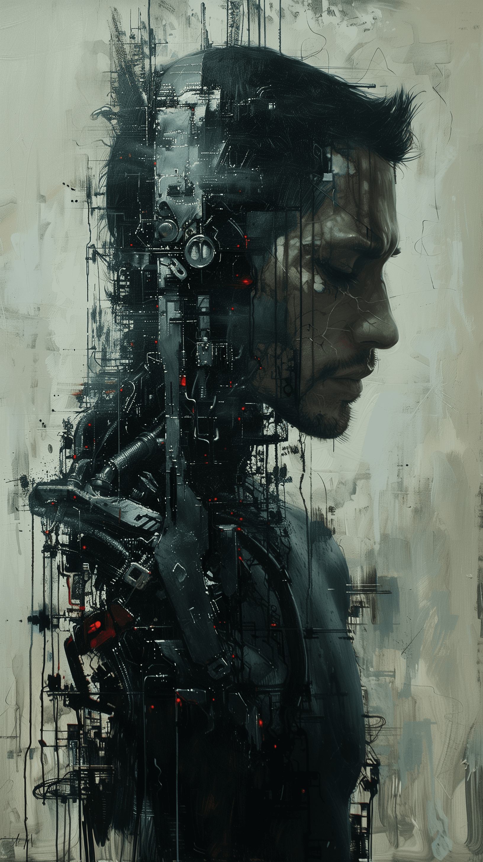 AI generated: Craft an oil-painted portrait of a being amidst a cybernetic metamorphosis, heavy brushed strokes de...