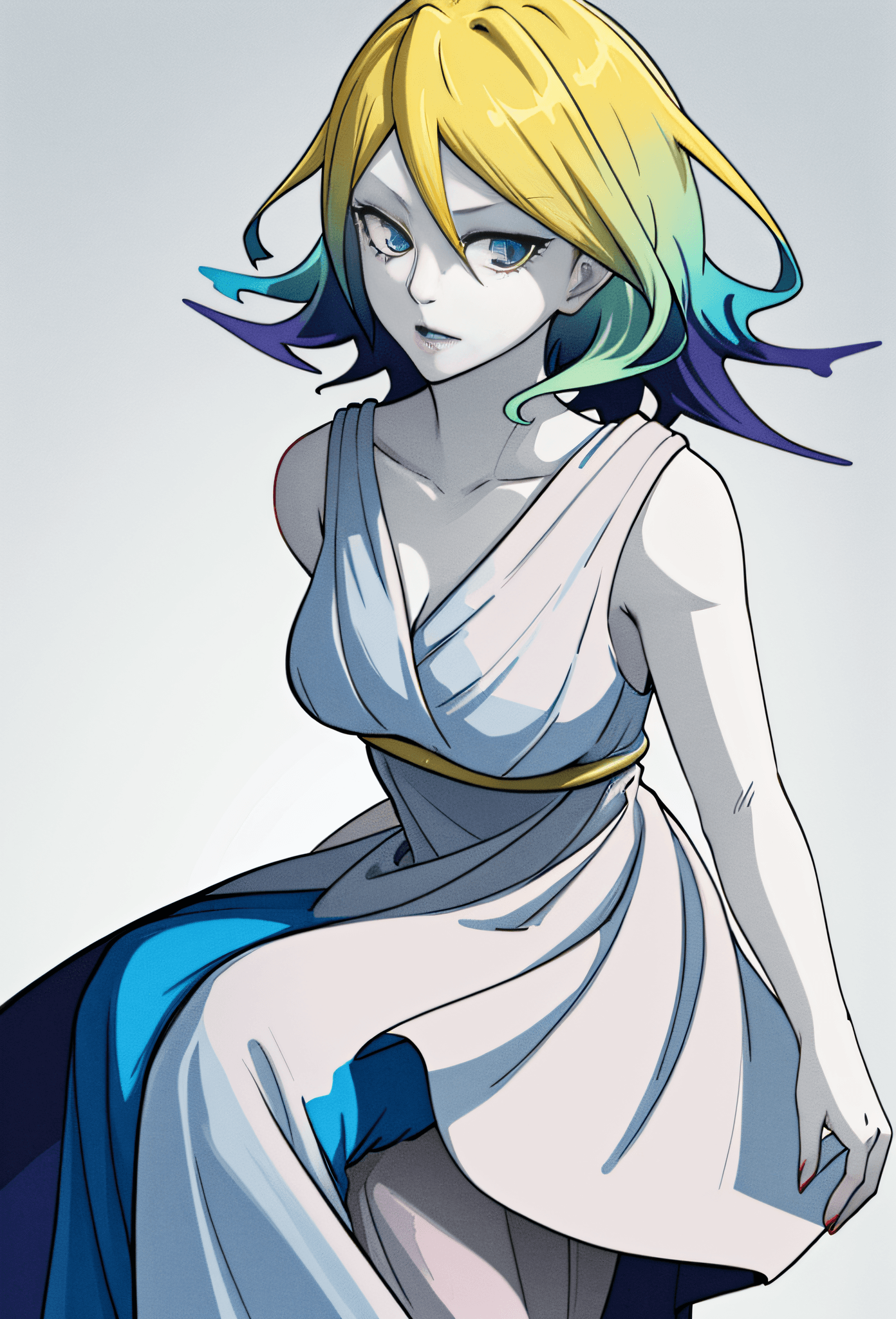 AI generated: ((masterpiece, best quality)), 1girl sigma, pale skin, white skin, gradient hair, blue lips, blonde ...
