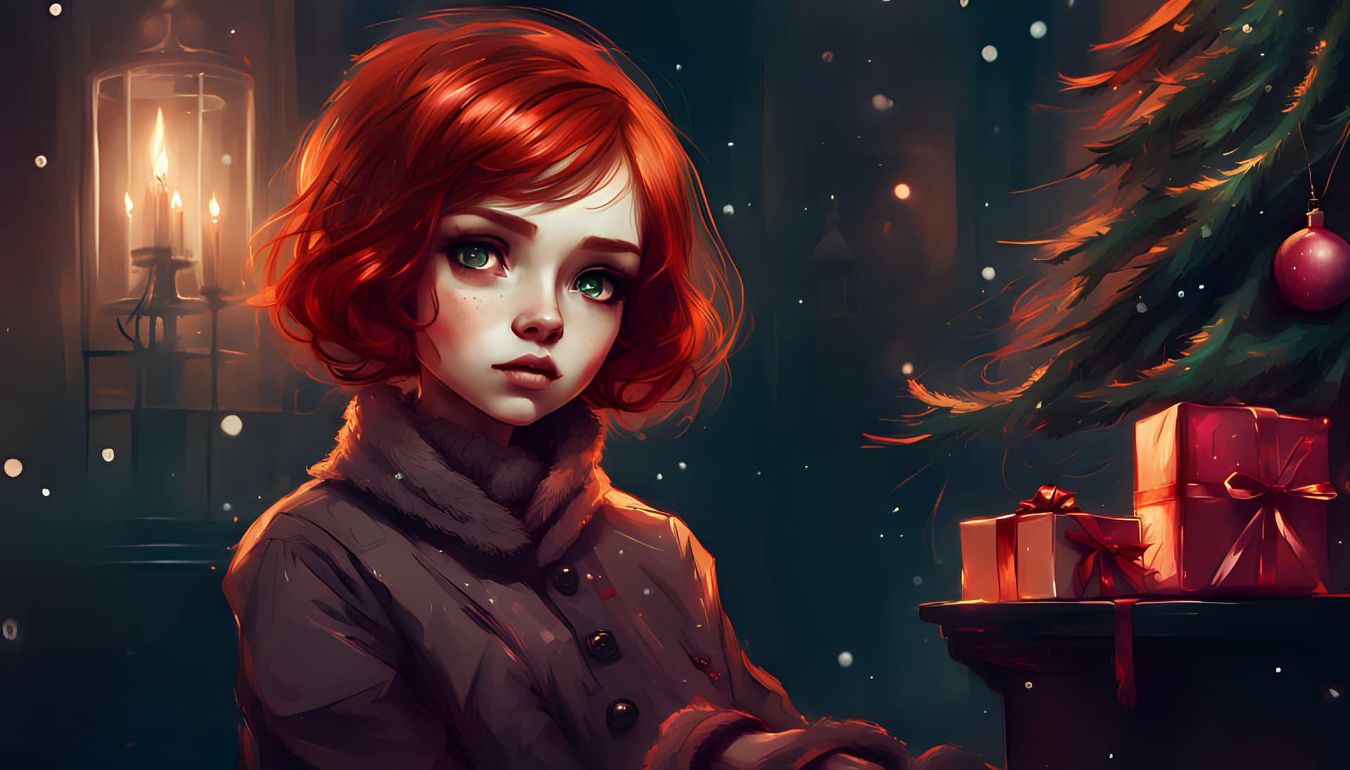 AI generated: christmas by charles dickens, blythe doll (big eyes . round face . short curvy ginger hair), a squee...