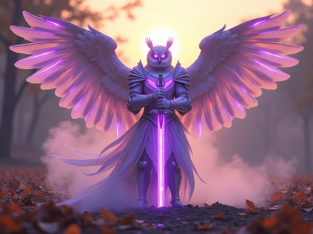 AI generated: (masterpiece, ultra-detailed,, a majestic owl-man warrior stands in an epic hero pose, holding a glo...
