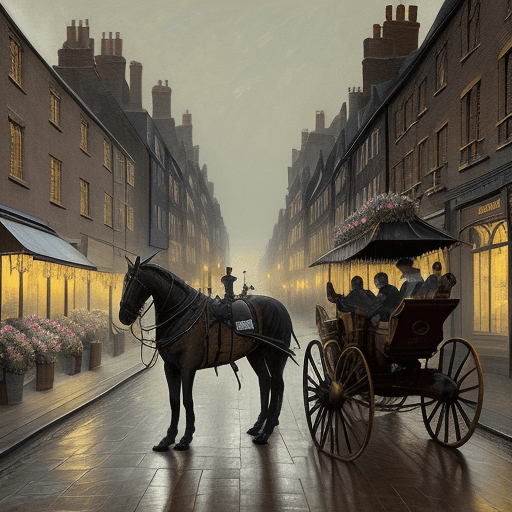 AI generated: 1880s Misty Victorian filthy midnight London cobbled streets with horse drawn carriages, british bob...