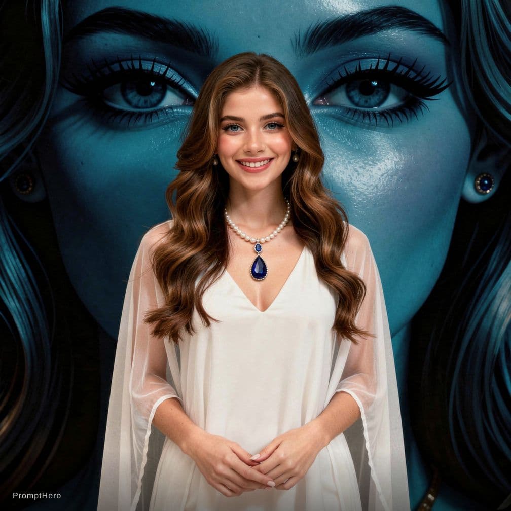 AI generated: A striking young woman with long chestnut-brown hair falling in loose beachy waves to her waist and ...