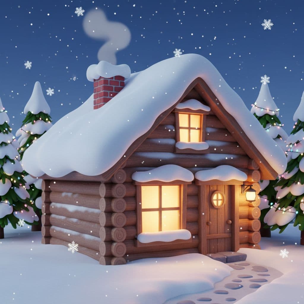AI generated: “3D cartoon snow-covered cabin glowing warmly under falling snow.”