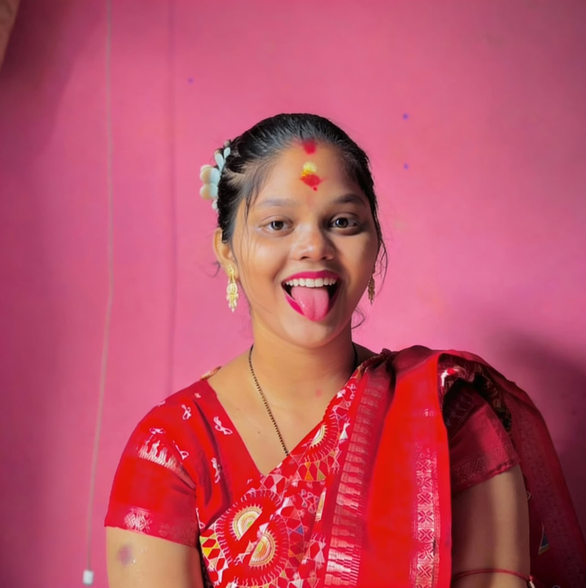 AI generated: woman smiling and looking excited with tongue out