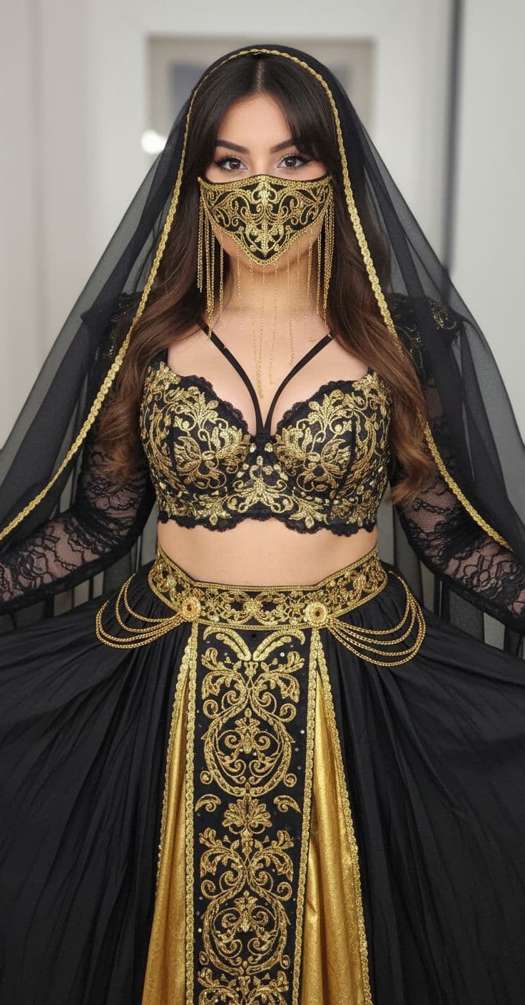 AI generated:   Adorned in an elaborate black and gold attire, The woman's attire consists of a black bra, a black...