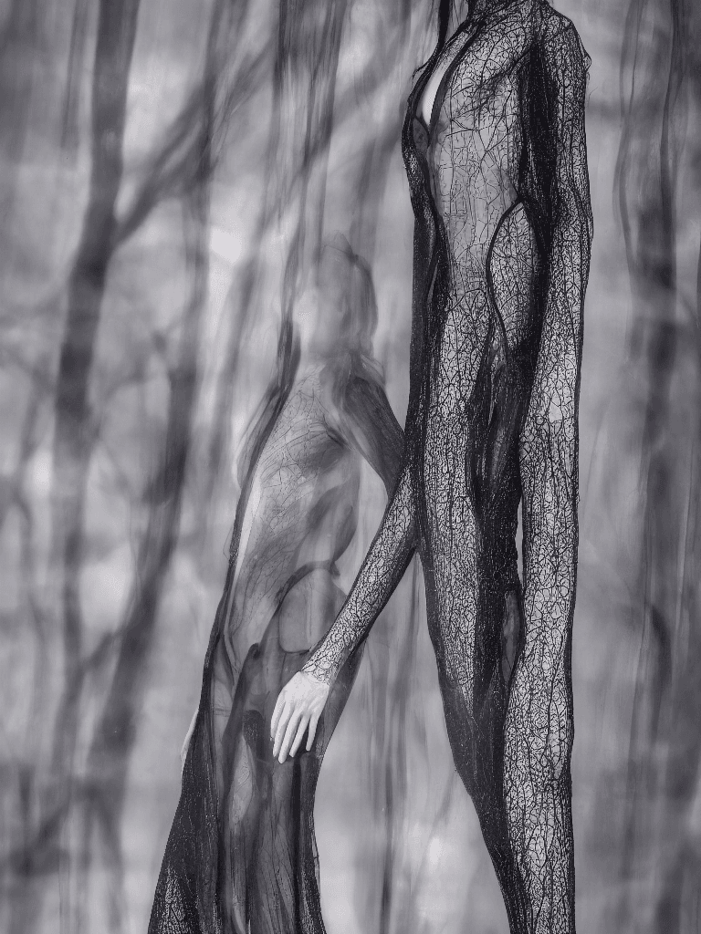 AI generated: beautiful woman, black transparent coat, full body shot, eyes closed, professional photoshoot, symme...