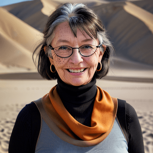 AI generated: HDR photo of woman in her 50s, happy and smiling, mid-lenght dark hair, light-blue eyes with thick b...